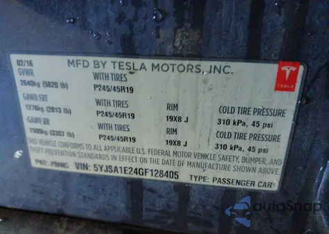 2016 Tesla Model S 60D/70D/75D/85D/90D from USA, damaged, VIN 5YJSA1E24GF128405